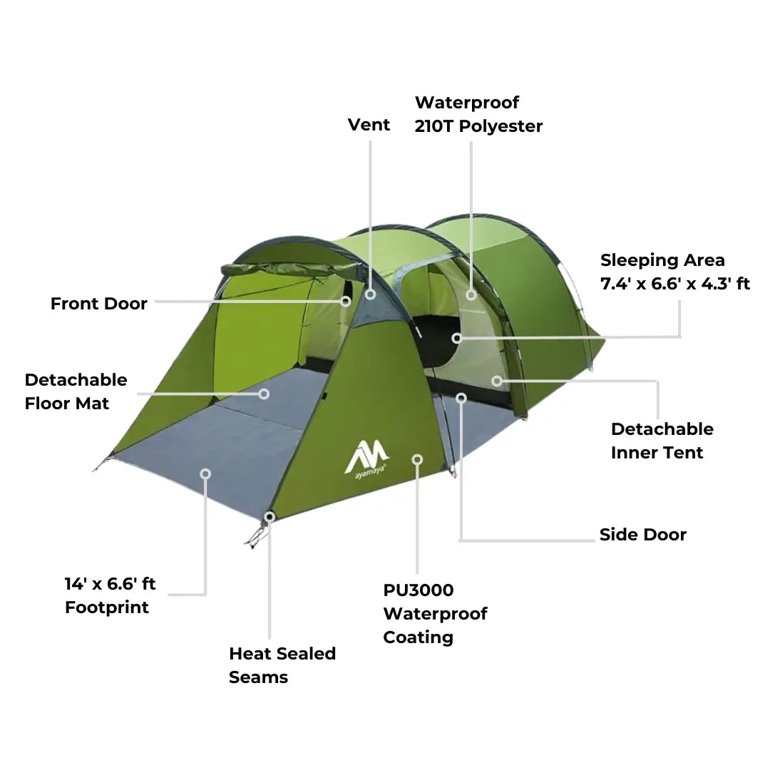 TrekPort Tunnel Tent – 2–4 Person 3-Season Camping Shelter with Sleeping Room & Vestibule