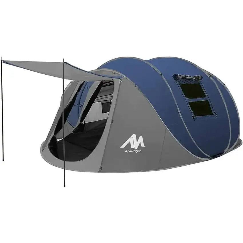 A double-layered pop-up tent with a gray and green color scheme, featuring a spacious exterior vestibule and a large front door.
