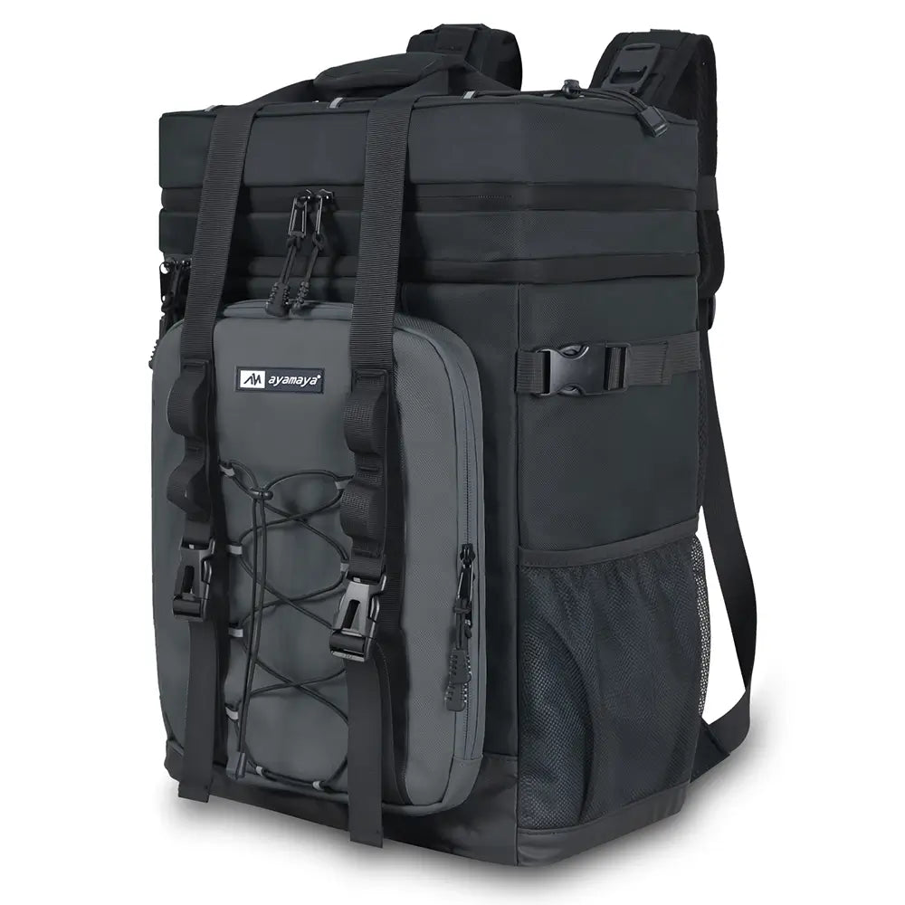A blue and gray insulated backpack cooler with multiple compartments and adjustable straps, designed for outdoor activities.