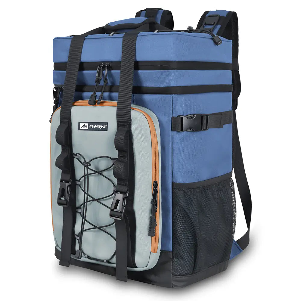 A blue and gray insulated backpack cooler with multiple compartments and adjustable straps, designed for outdoor activities.