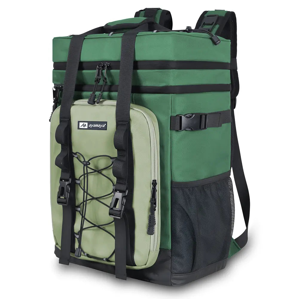 A blue and gray insulated backpack cooler with multiple compartments and adjustable straps, designed for outdoor activities.