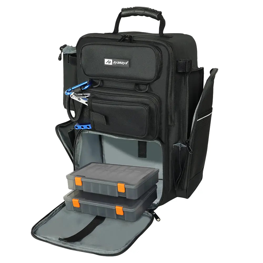 Right-side three-quarter view of the black Ayamaya TackleTrek backpack with tackle trays extended and gear compartments open
