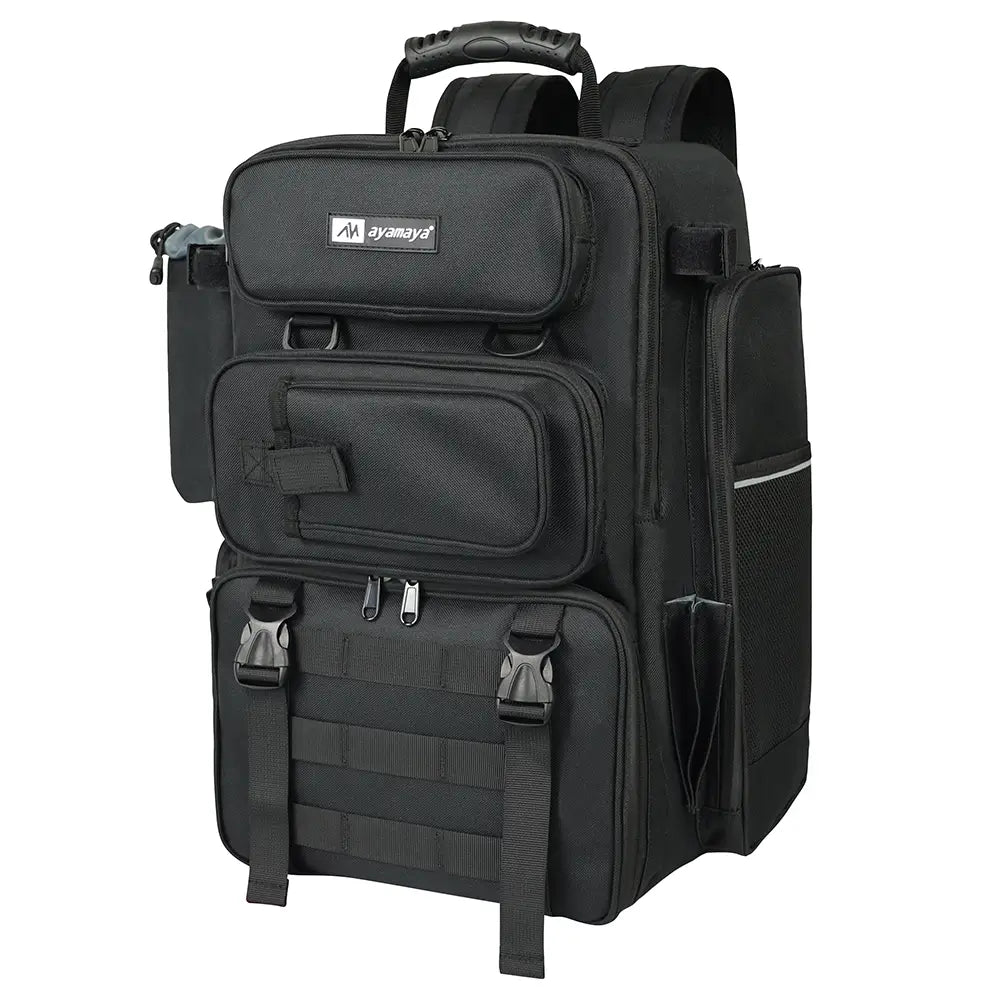 Three-quarter right-side view of the black Ayamaya TackleTrek backpack showing zippered compartments and side pole holder