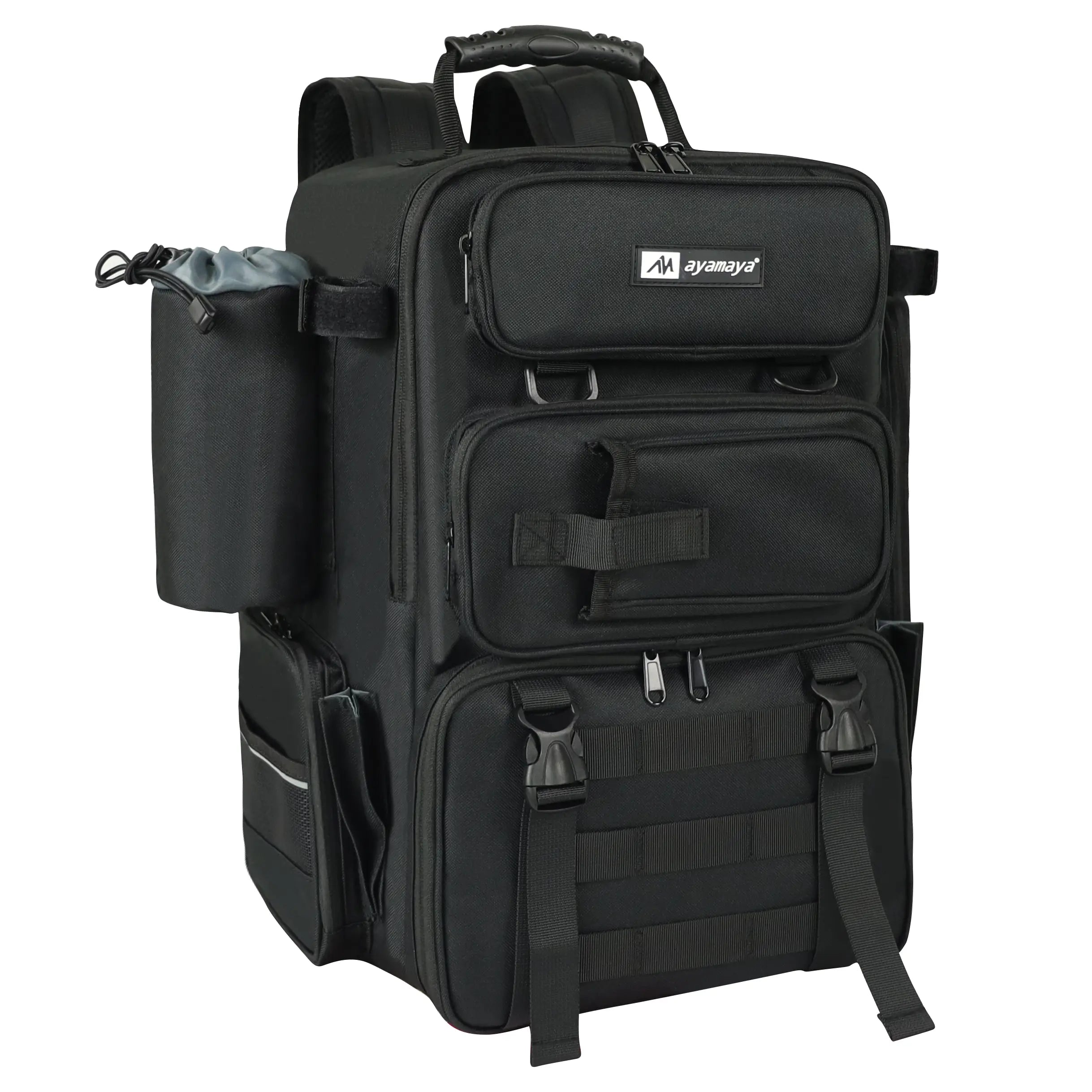 Three-quarter left-side view of the black Ayamaya TackleTrek backpack showing pockets and pole holder