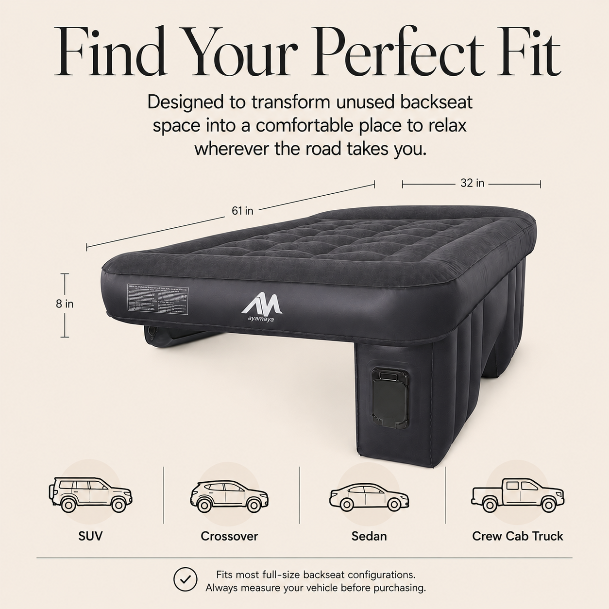 Ayamaya Car Air Mattress for Back Seats | Inflatable Car Bed with Detachable Rechargeable Pump for SUVs & Sedans