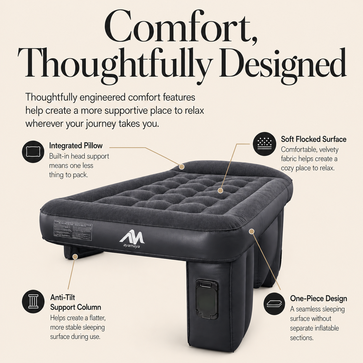 Ayamaya Car Air Mattress for Back Seats | Inflatable Car Bed with Detachable Rechargeable Pump for SUVs & Sedans