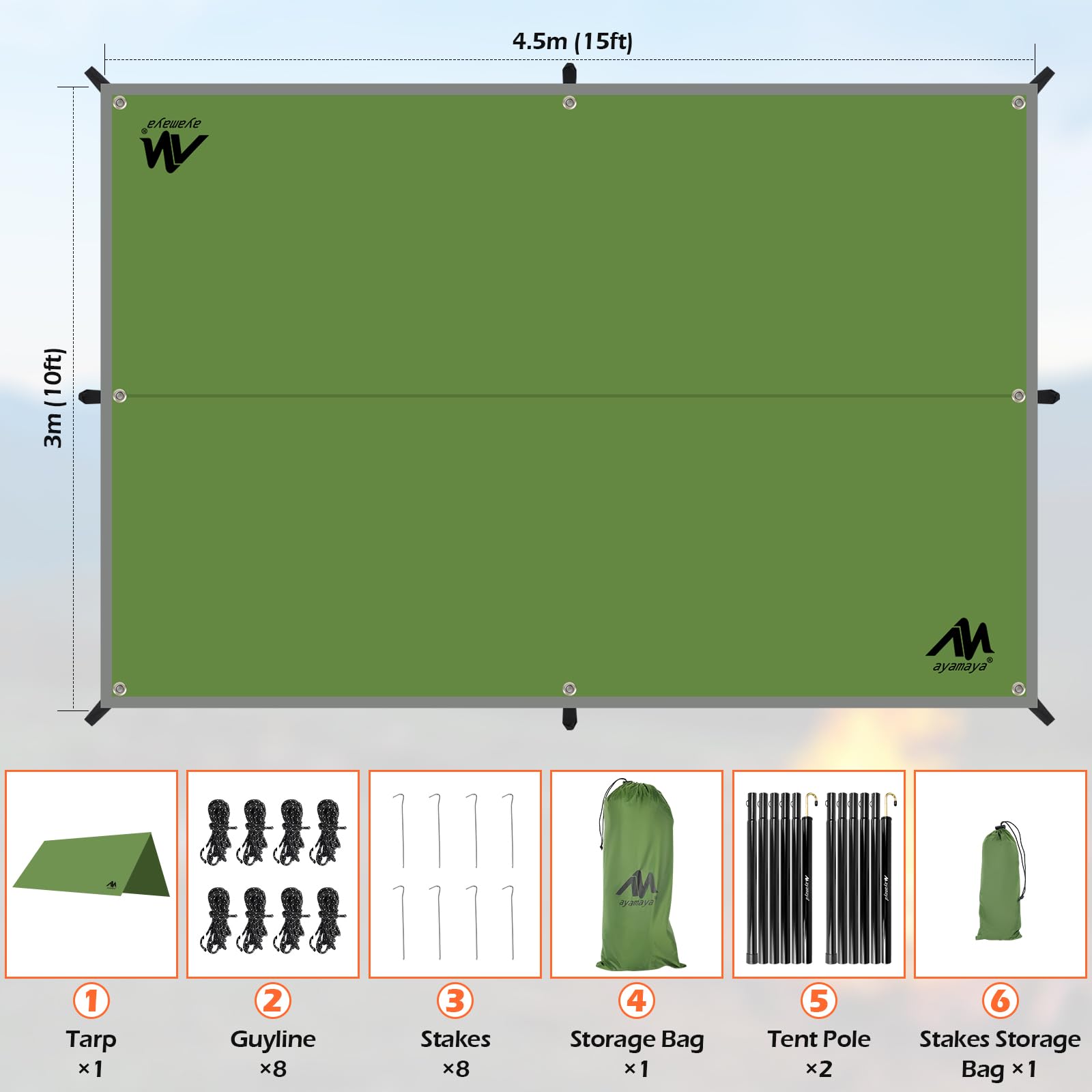 Heavy Duty 10x15 FT Waterproof Camping Tarp with Poles, Extra Large Sun Shelter & Rain Fly for Beach Picnic Outdoor