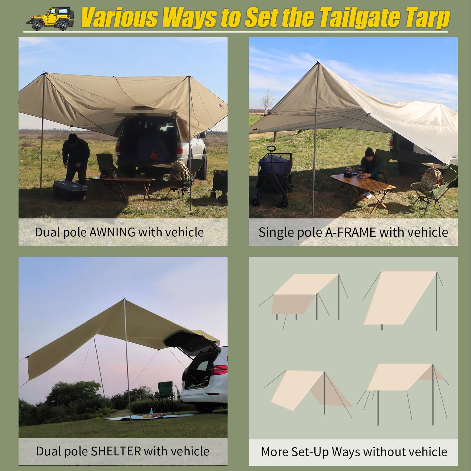 Universal 14'x16' Car Awning with Poles, Waterproof Sun Rain Shelter Canopy for SUV Truck Van Outdoor