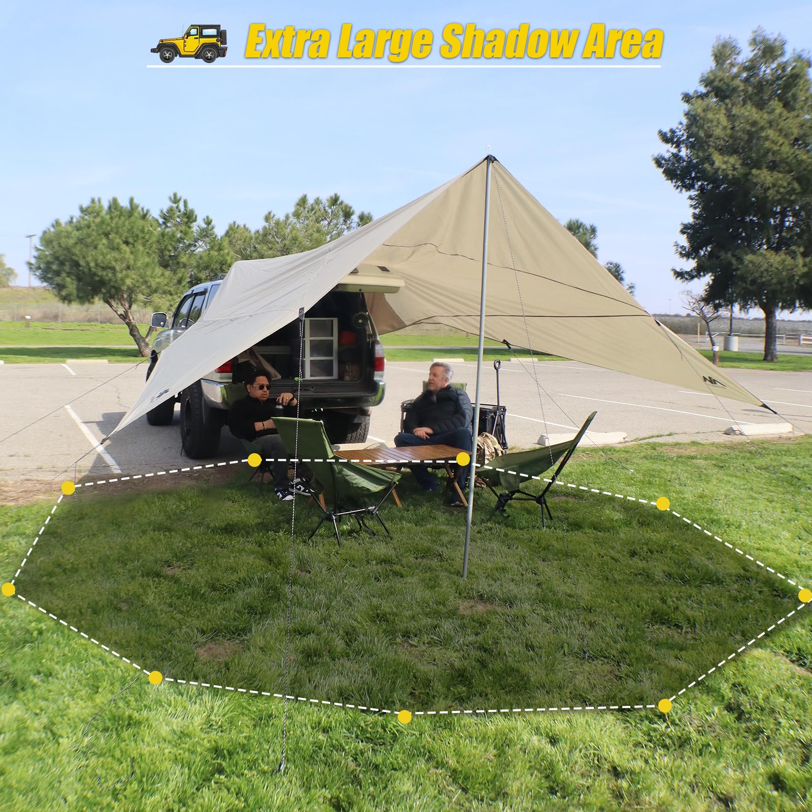 Universal 14'x16' Car Awning with Poles, Waterproof Sun Rain Shelter Canopy for SUV Truck Van Outdoor