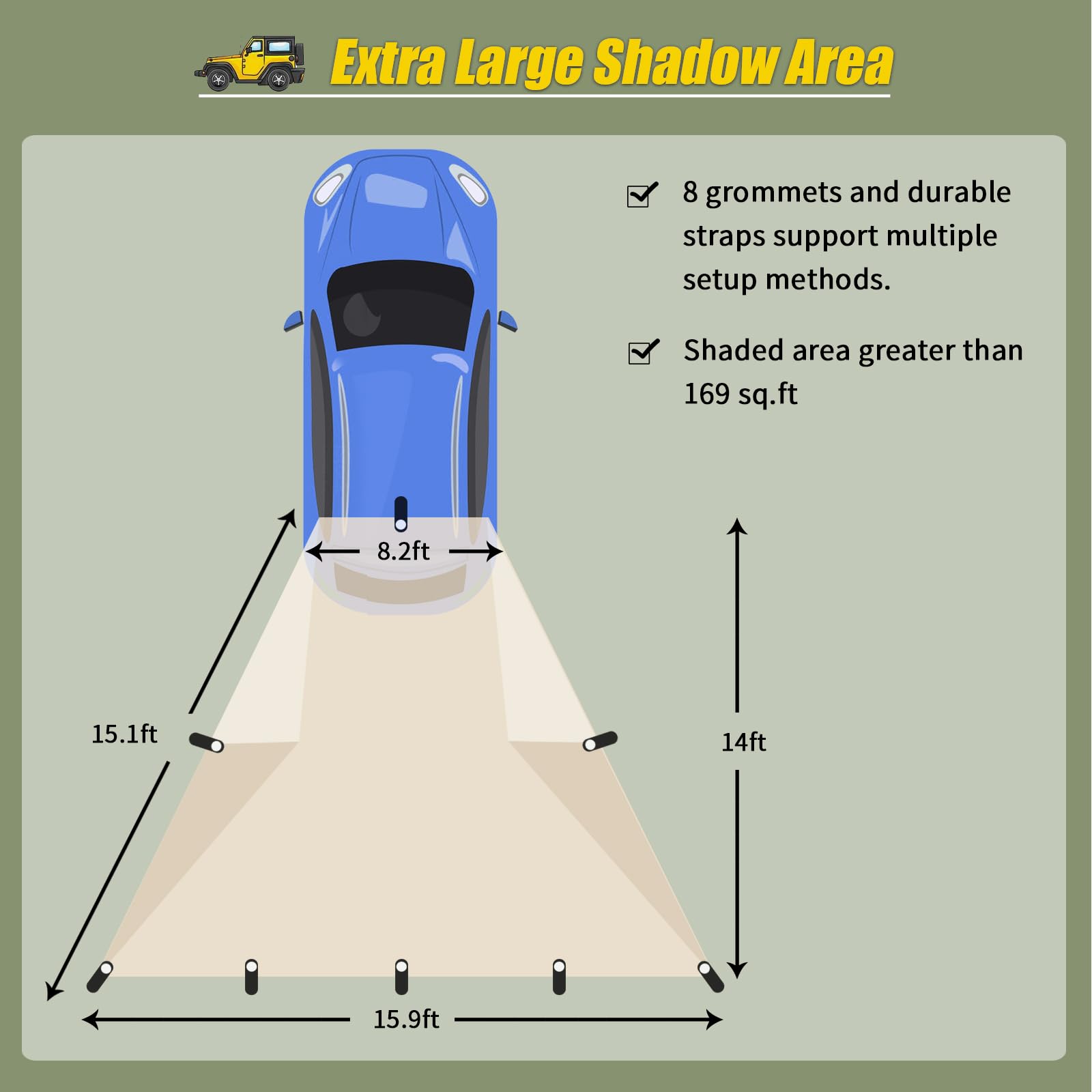 Universal 14'x16' Car Awning with Poles, Waterproof Sun Rain Shelter Canopy for SUV Truck Van Outdoor