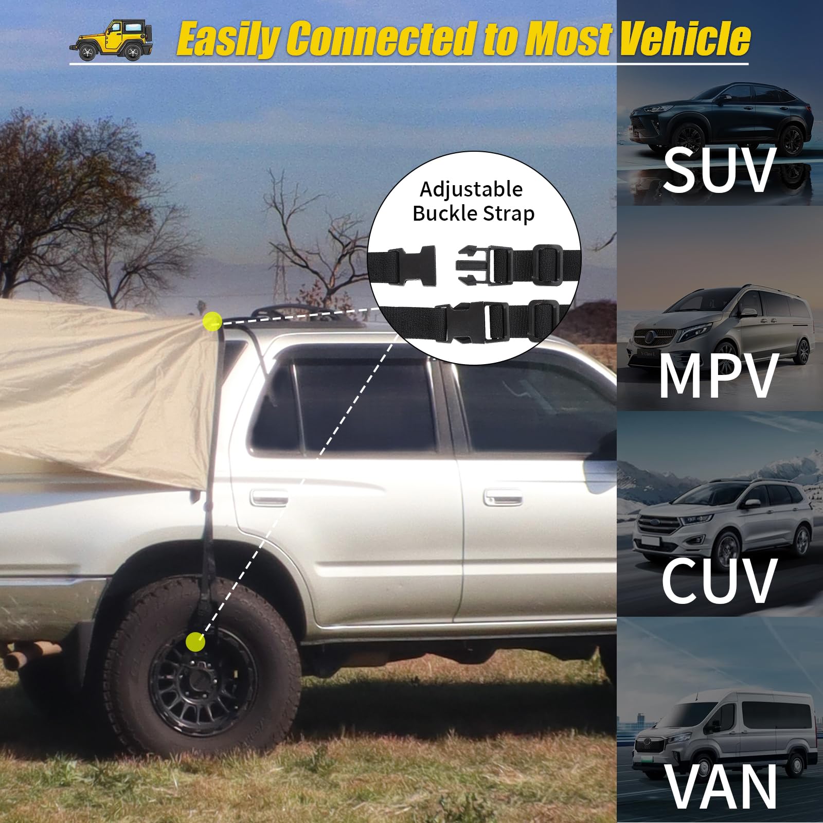 Universal 14'x16' Car Awning with Poles, Waterproof Sun Rain Shelter Canopy for SUV Truck Van Outdoor