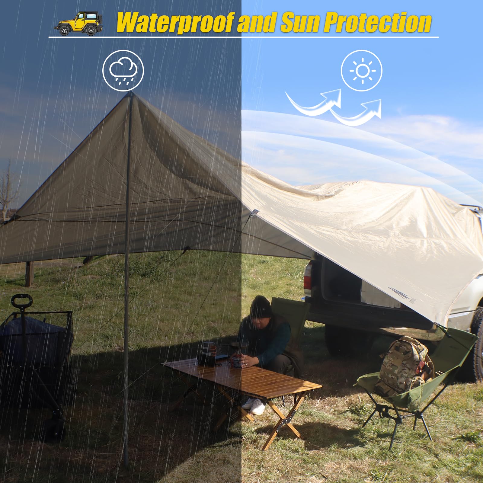Universal 14'x16' Car Awning with Poles, Waterproof Sun Rain Shelter Canopy for SUV Truck Van Outdoor
