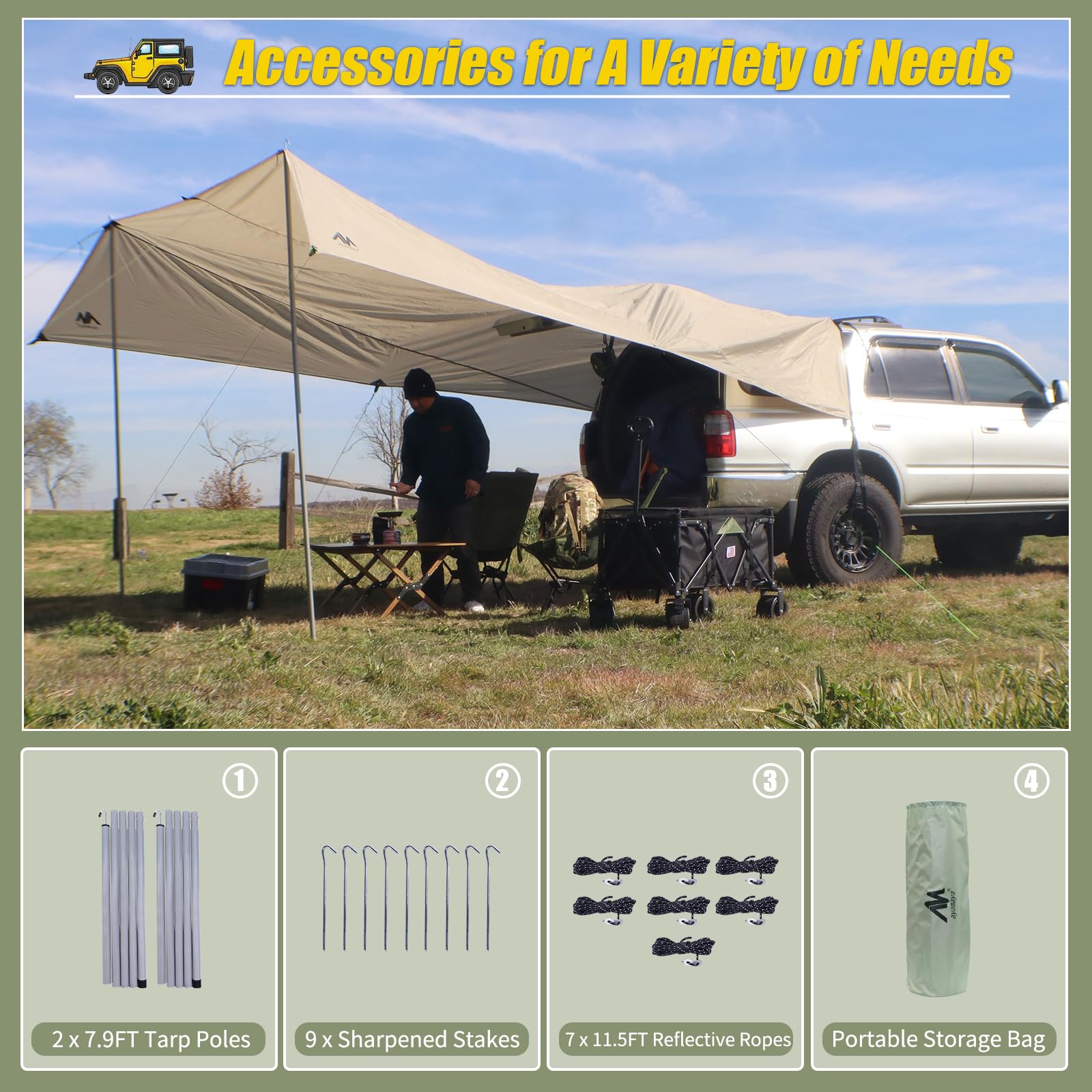 Universal 14'x16' Car Awning with Poles, Waterproof Sun Rain Shelter Canopy for SUV Truck Van Outdoor
