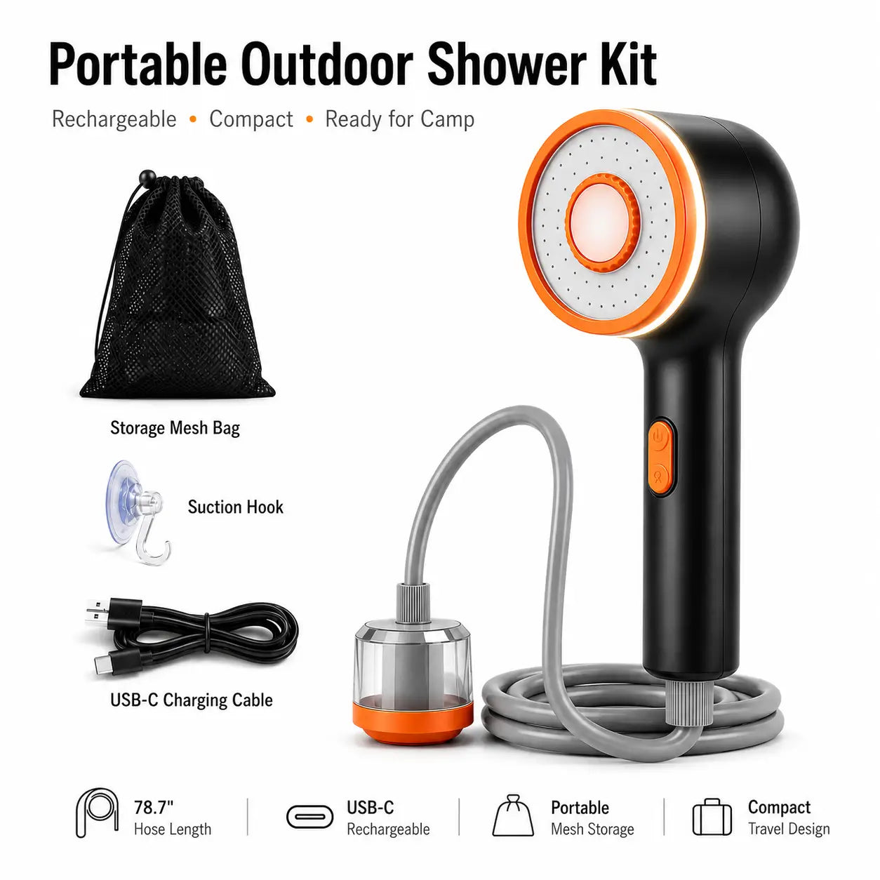 Ayamaya Mini Portable Camping Shower – 2500mAh Battery, LED Light, Water Filter