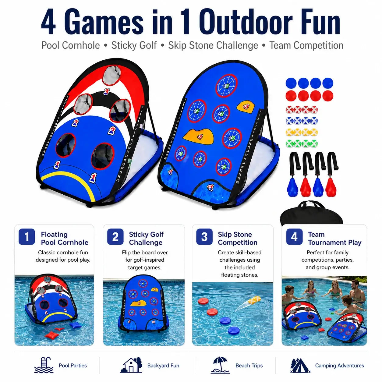 Floating Pool Cornhole Game Set – 2-in-1 Pool & Backyard Game with Water Bean Bags, Skip Stones & Sticky Golf