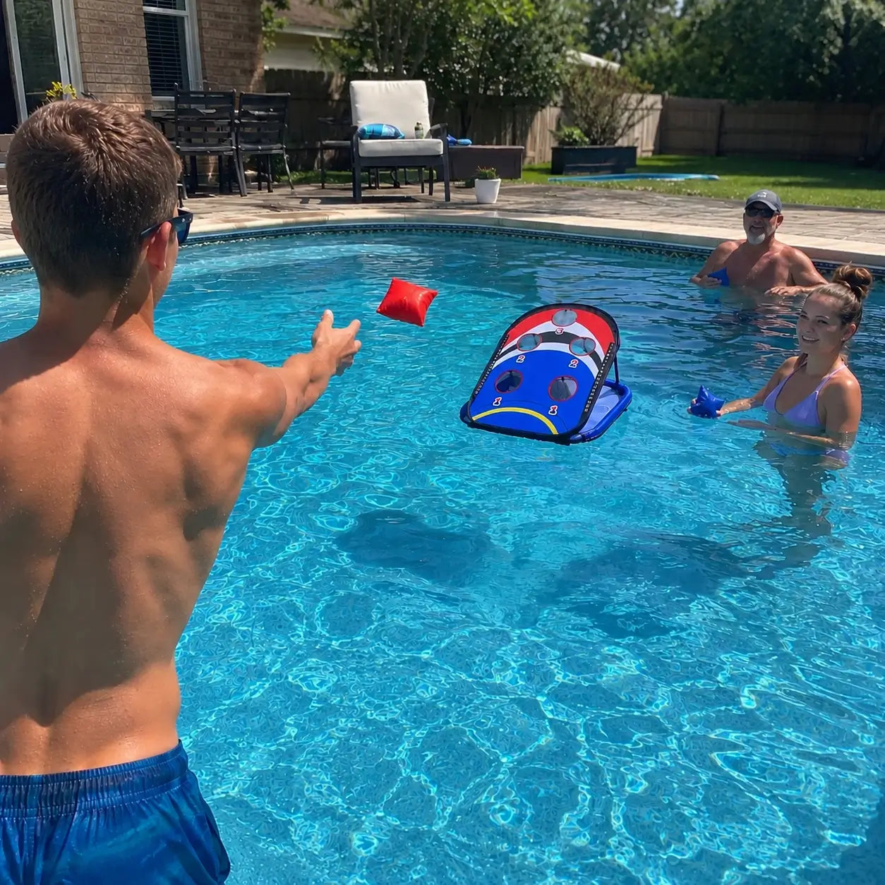 Floating Pool Cornhole Game Set – 2-in-1 Pool & Backyard Game with Water Bean Bags, Skip Stones & Sticky Golf