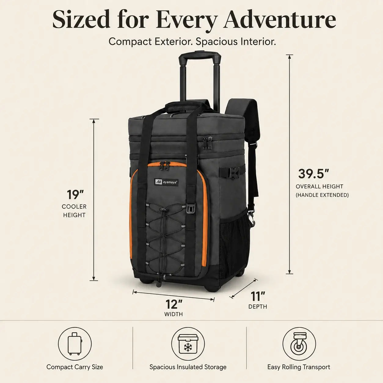 Ayamaya Rolling Cooler Backpack with Wheels | 50 Can Insulated Soft Cooler with Telescoping Handle for Beach, Camping & Travel