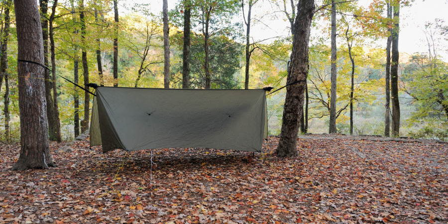 Green Rainfly tarp tent in the woods
