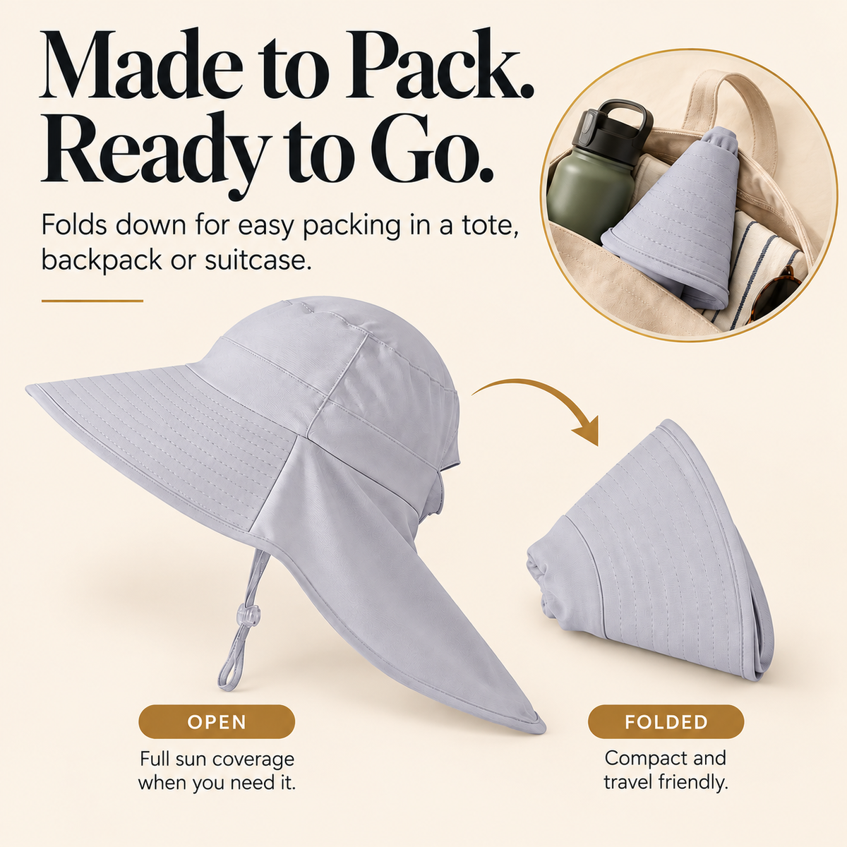 Women’s UPF 50+ Sun Hat with Neck Flap & Ponytail Hole – Wide Brim Foldable Outdoor Hat