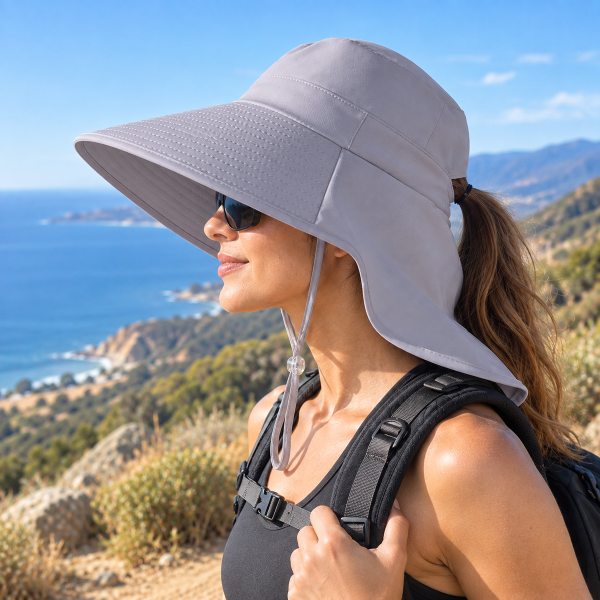 Women’s UPF 50+ Sun Hat with Neck Flap & Ponytail Hole – Wide Brim Foldable Outdoor Hat