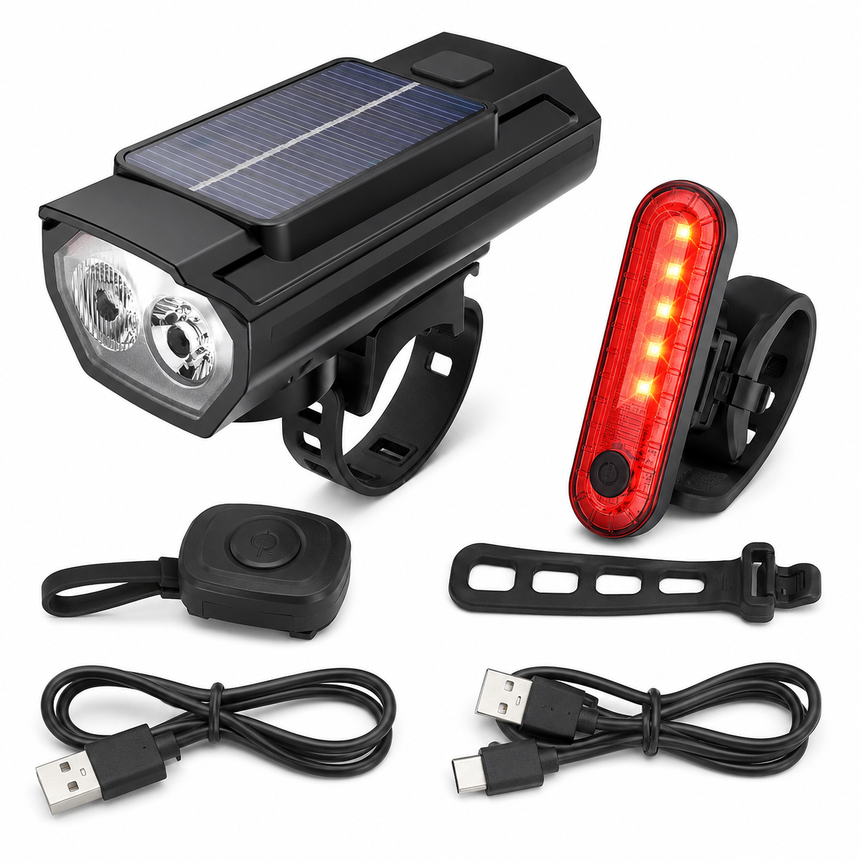 Solar Rechargeable Bike Light Set with Remote Horn | USB Front Headlight & Rear Taillight