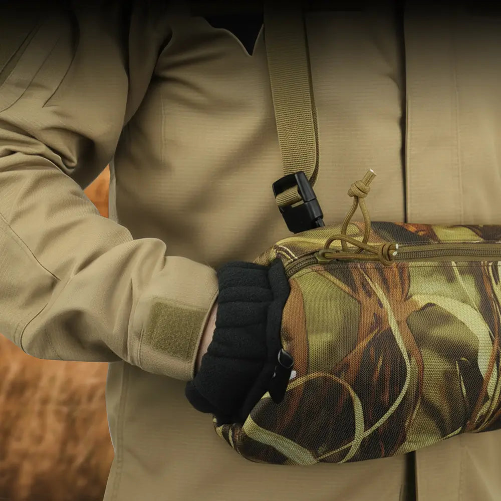 Camo Tactical Hand Muff – Insulated Hand Warmer Pouch with Storage Pocket & Plate Carrier Hook-and-Loop Attachment
