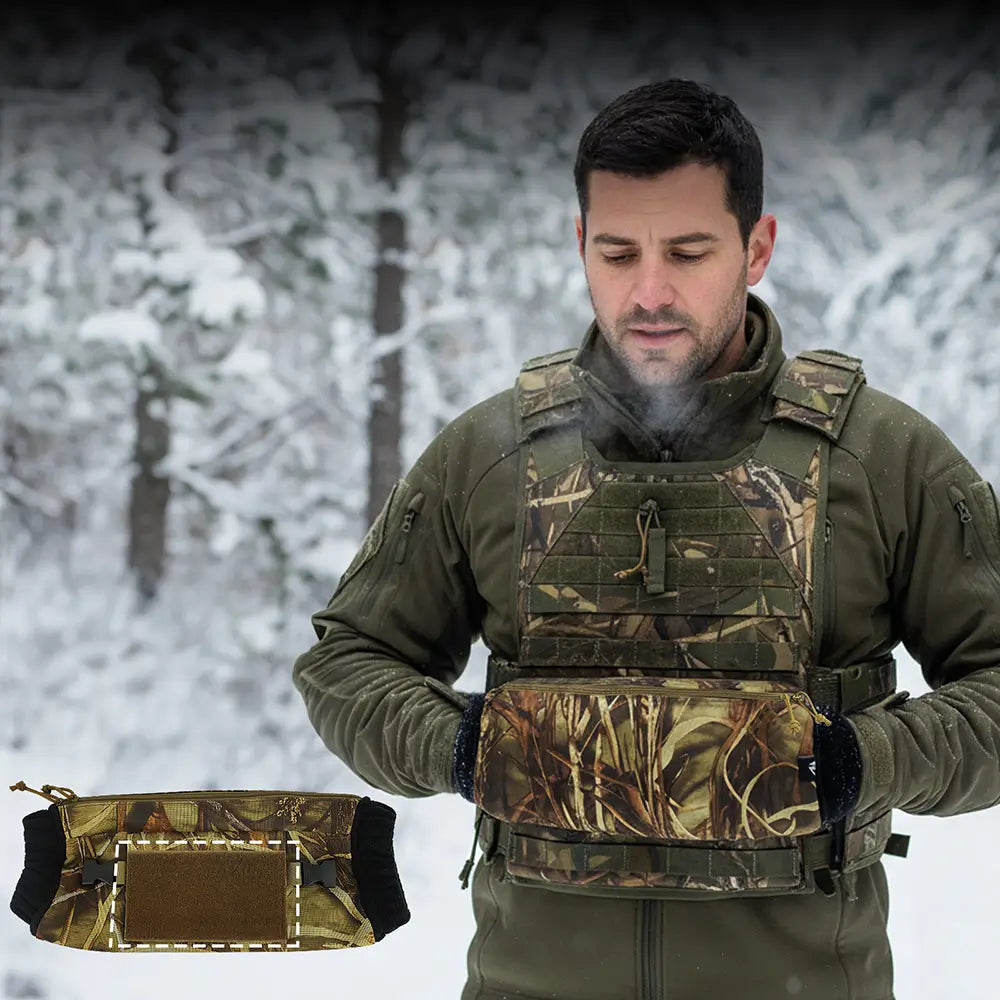 Camo Tactical Hand Muff – Insulated Hand Warmer Pouch with Storage Pocket & Plate Carrier Hook-and-Loop Attachment