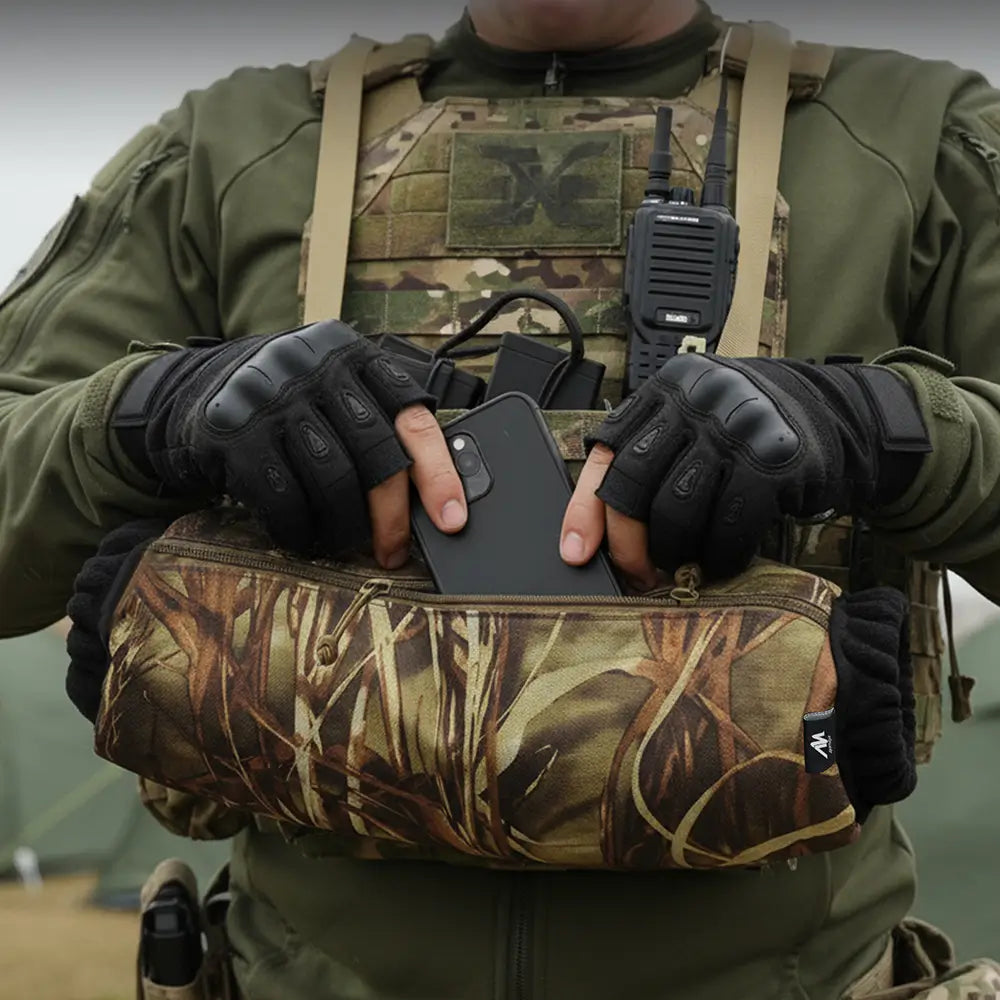 Camo Tactical Hand Muff – Insulated Hand Warmer Pouch with Storage Pocket & Plate Carrier Hook-and-Loop Attachment