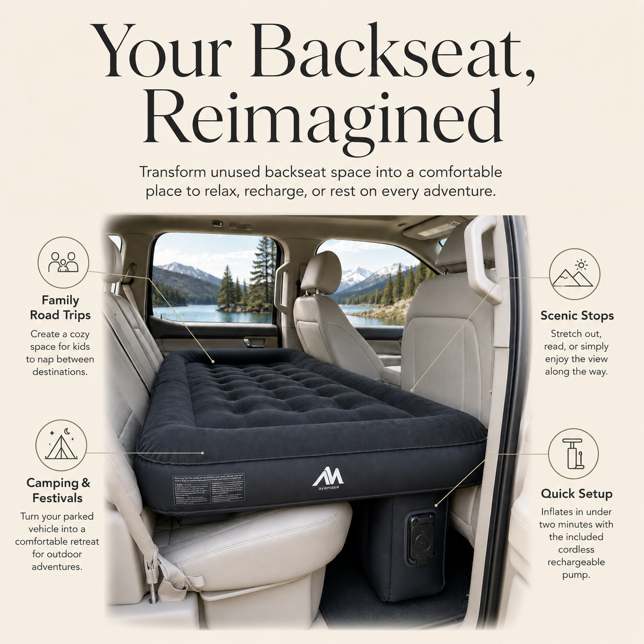 Ayamaya Car Air Mattress for Back Seats | Inflatable Car Bed with Detachable Rechargeable Pump for SUVs & Sedans