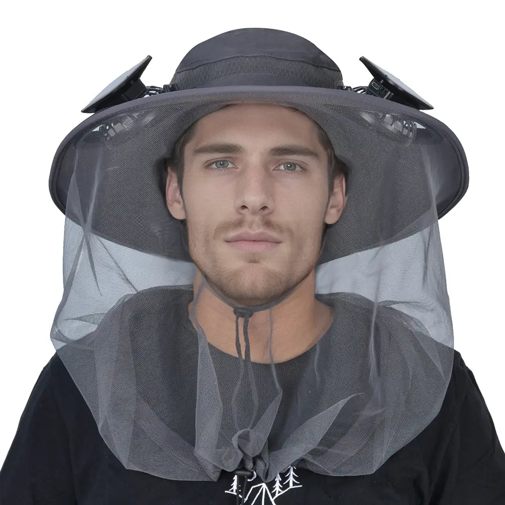 Solar Fan Hat with Mosquito Net – Ayamaya UPF 50+ Wide Brim Safari Hat with Dual Fans & Bug Protection for Camping & Hiking