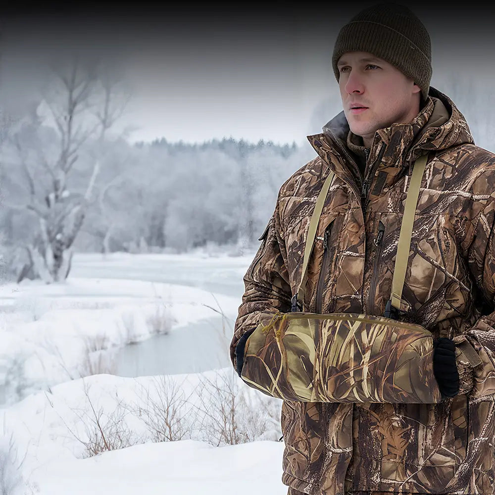 Camo Tactical Hand Muff – Insulated Hand Warmer Pouch with Storage Pocket & Plate Carrier Hook-and-Loop Attachment