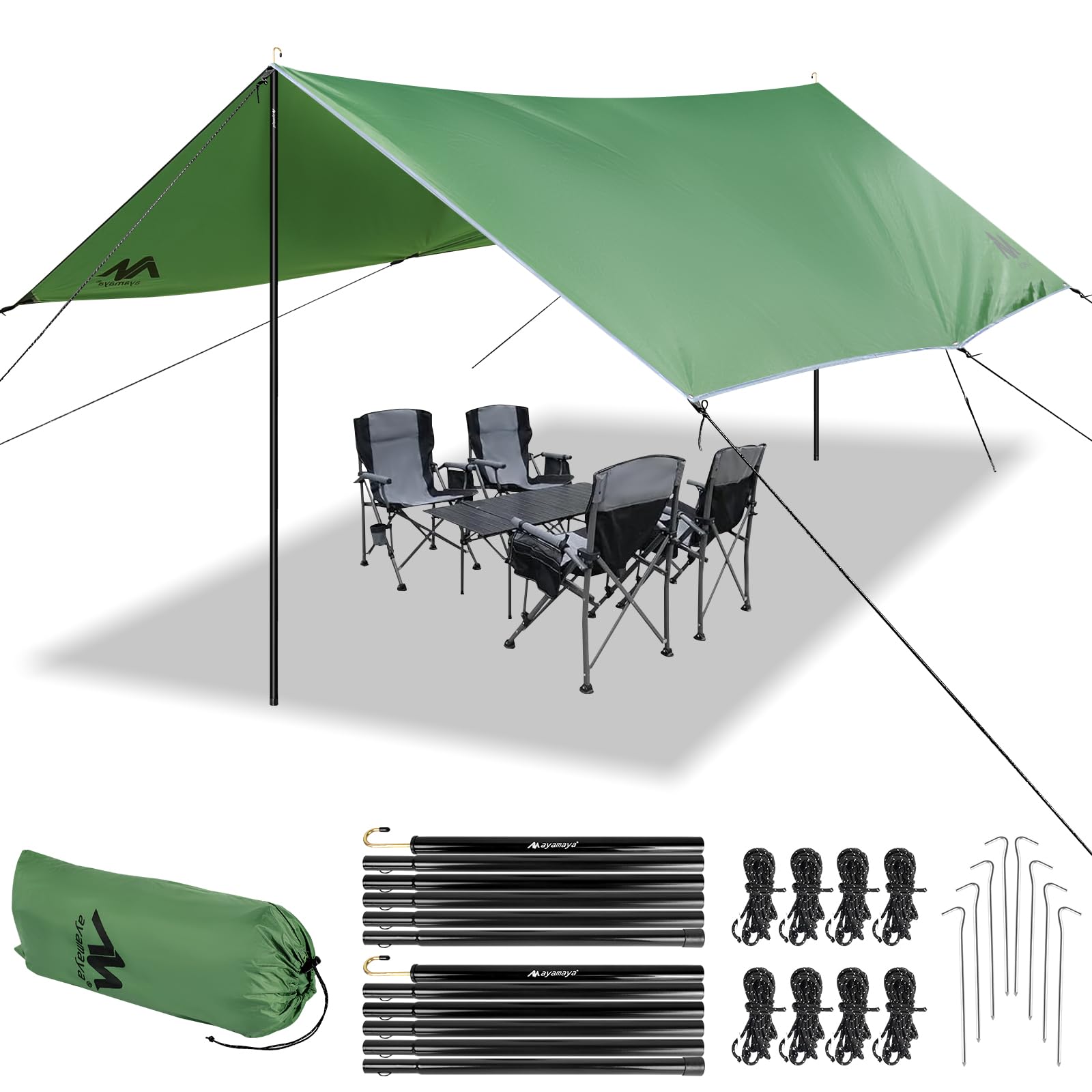 Heavy Duty 10x15 FT Waterproof Camping Tarp with Poles, Extra Large Sun Shelter & Rain Fly for Beach Picnic Outdoor