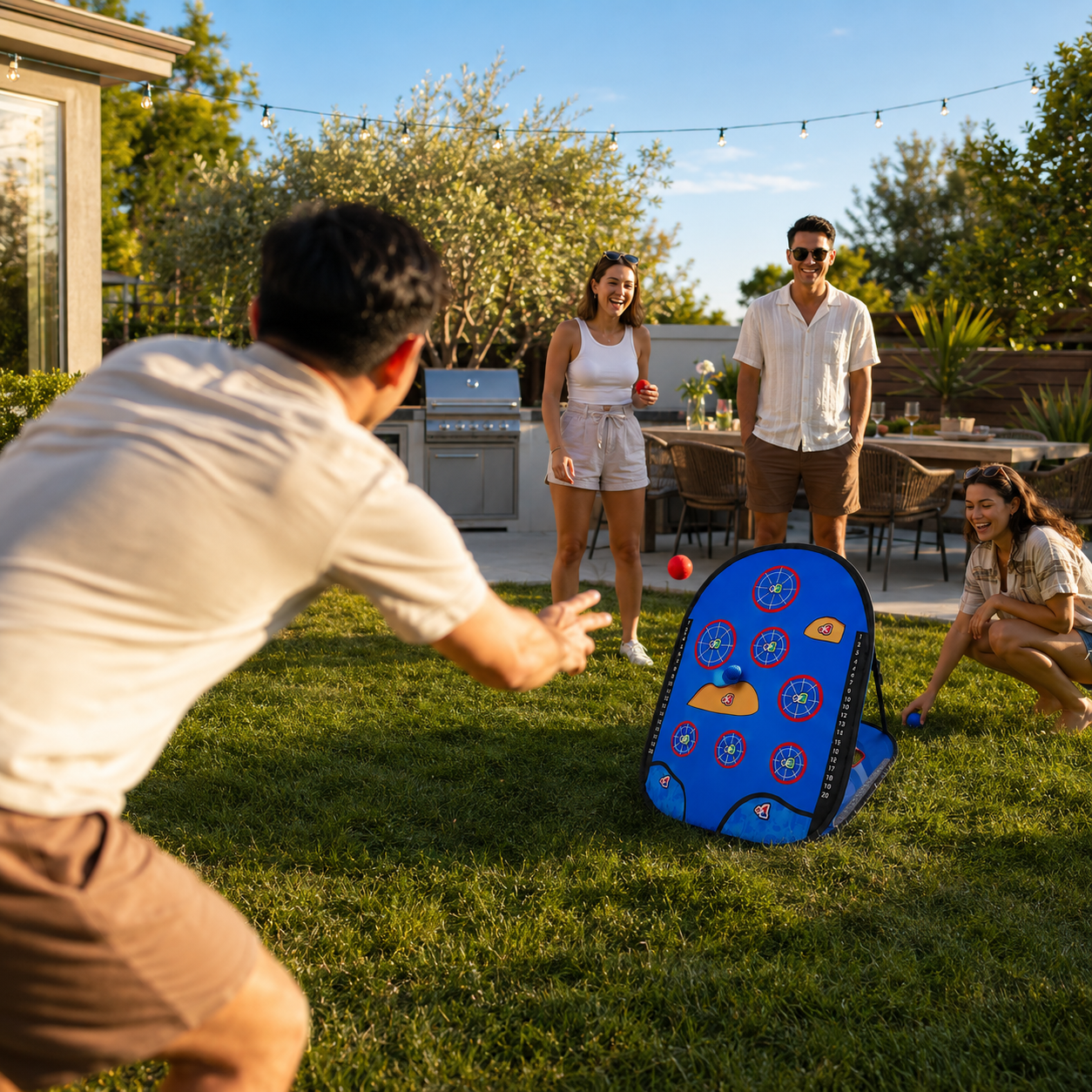 Floating Pool Cornhole Game Set – 2-in-1 Pool & Backyard Game with Water Bean Bags, Skip Stones & Sticky Golf