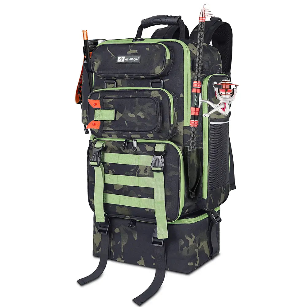 Front angle view of the Ayamaya TackleChill Pro 45L Fishing Backpack with fishing poles in side holders, pliers in the front pocket, and detachable cooler attached