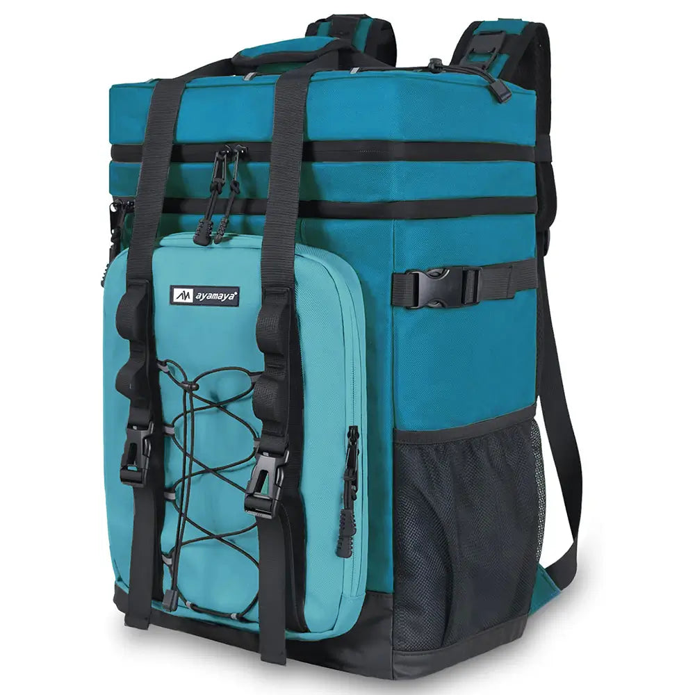 Blue backpack with black straps and accents on a white background